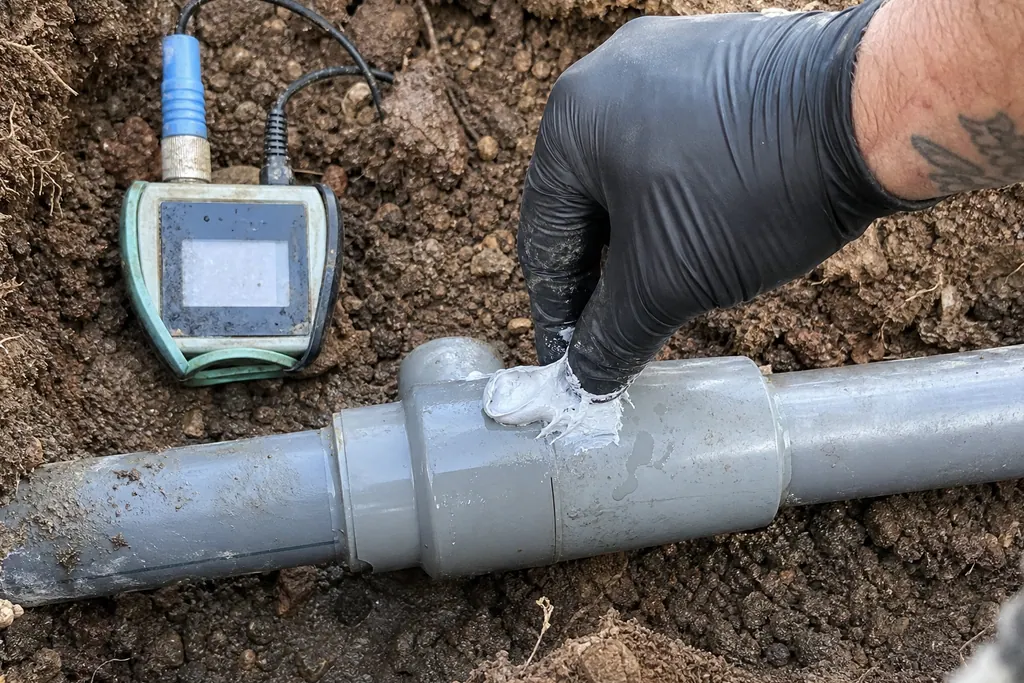 raccord PVC avec trace humide et main