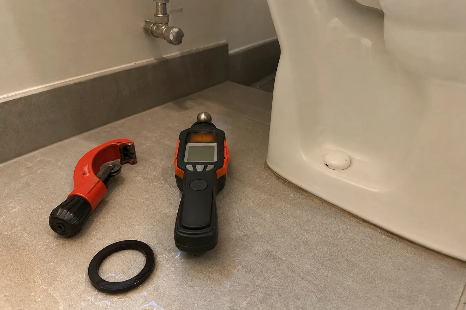 outillage près cuvette de WC et détecteur