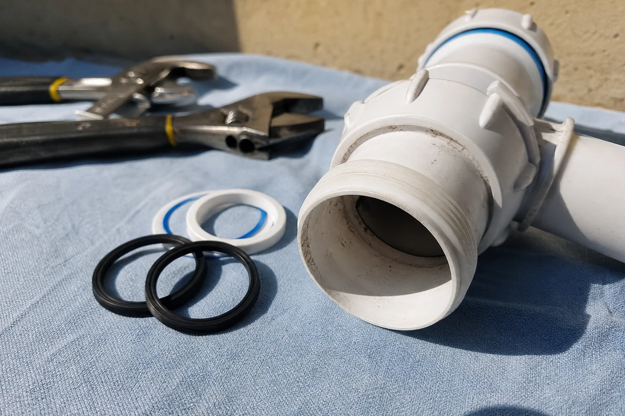siphon démonté et joints neufs au premier plan